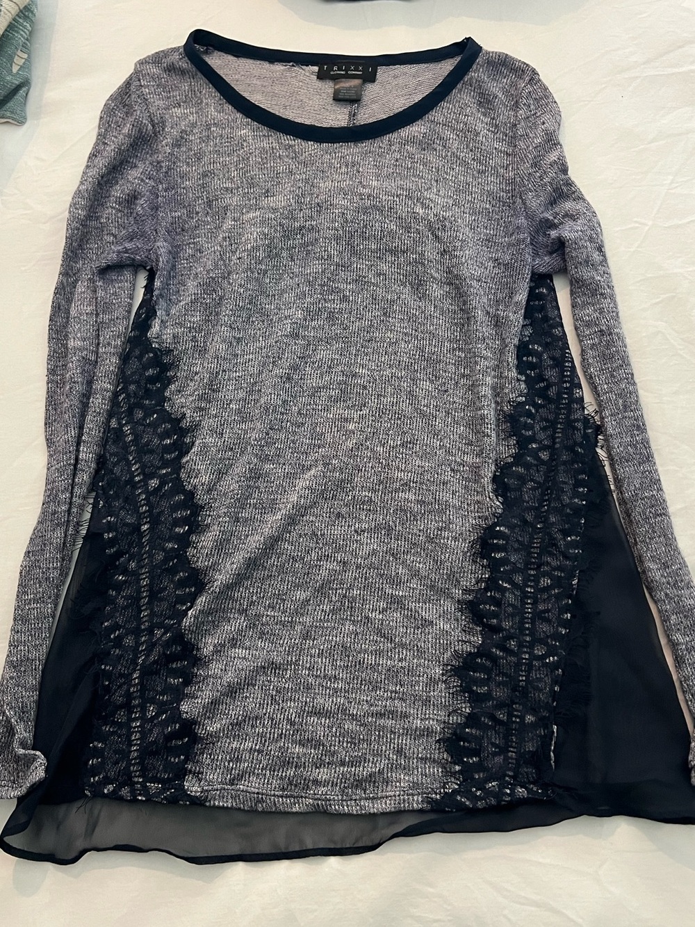 Navy Blue Knit Long Sleeve Top with Navy Lace Panels